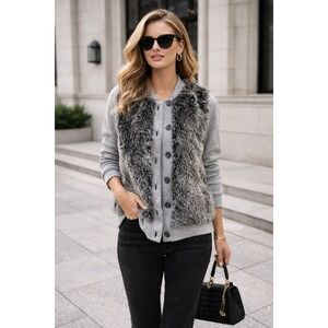 Three Dots‎ Gray Faux Fur Vest Button Front Sleeveless Jacket Size Small S
